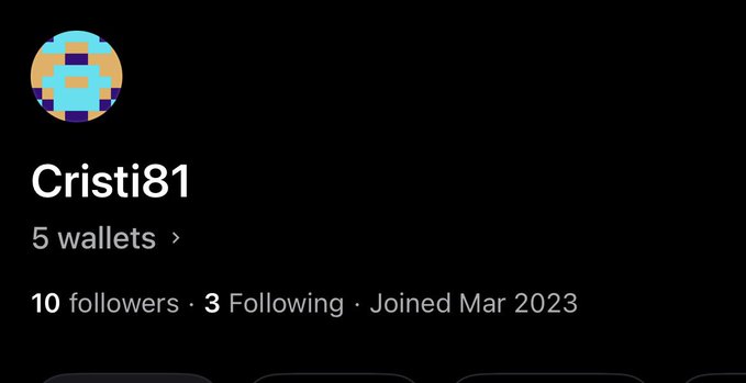 A social media profile for 'Cristi81' showing a pixelated avatar, '5 wallets', '10 followers', '3 Following', and a join date of 'Mar 2023' on a black background.
