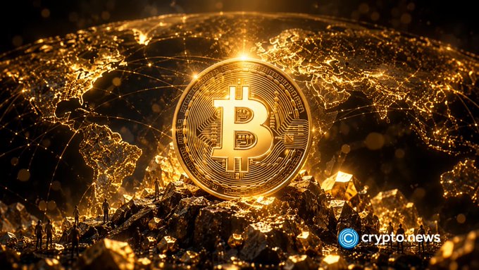Gold Bitcoin coin hovering above a glowing golden world map with network connections, watermarked 'crypto.news'.
