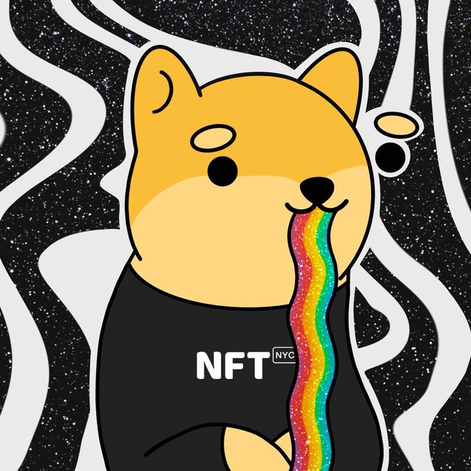 A cartoon illustration of a Shiba Inu dog wearing a black 'NFT NYC' shirt and vomiting a rainbow, set against a starry background.