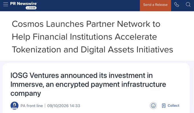 A PR Newswire webpage with the headline 'Cosmos Launches Partner Network to Help Financial Institutions Accelerate Tokenization and Digital Assets Initiatives' and a secondary article mentioning 'IOSG Ventures' investment in 'Immersve'.