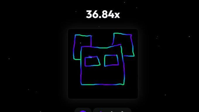 Dark screen showing a glowing blue and green cube-like icon with '36.84x' text above it.