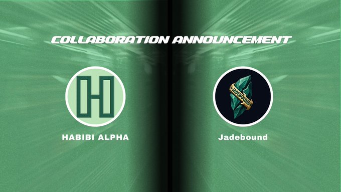 A collaboration announcement graphic featuring the 'HABIBI ALPHA' logo (a green circle with 'IH' inside) and the 'Jadebound' logo (a blue gem with a banner) on a dark teal background.