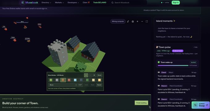 A screenshot of the Museblock platform showing a 3D voxel-style 'Creative Detour' game in progress, featuring a small town with block buildings, alongside an 'Island moments' chat panel discussing town pulse and daily tokens.
