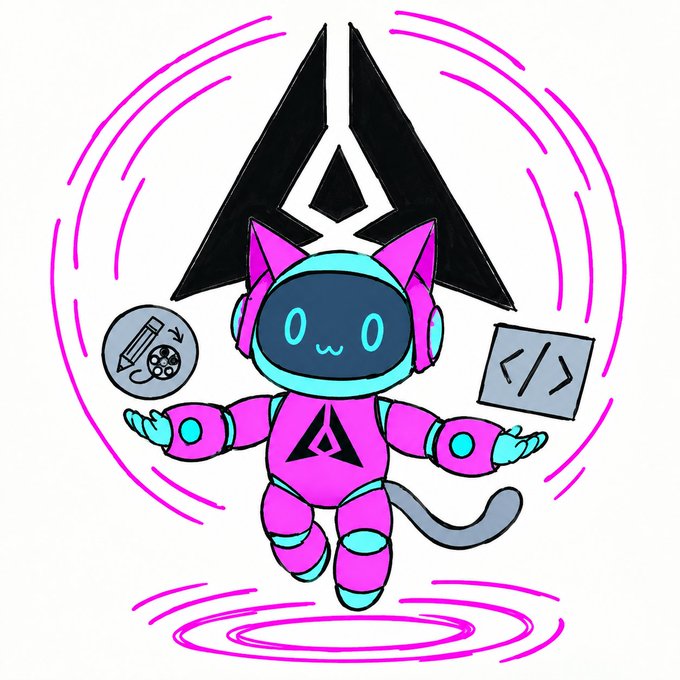 A pink and teal cartoon cat-like robot character with a happy face, floating between a pencil/palette icon and a code icon, with a black triangular symbol behind it.