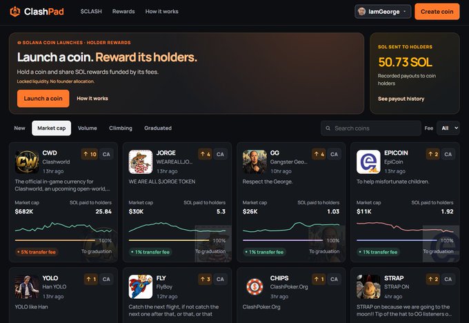 The image shows the ClashPad.fun homepage displaying a market overview of various cryptocurrency tokens (CWD, JORGE, GG, EPICOIN, YOLO, FLY, CHIPS, STRAP) with their market caps and SOL paid to holders, alongside a featured counter showing 50.73 SOL sent to holders, directly supporting the post's claim that ClashPad has paid over 50 SOL to the community.