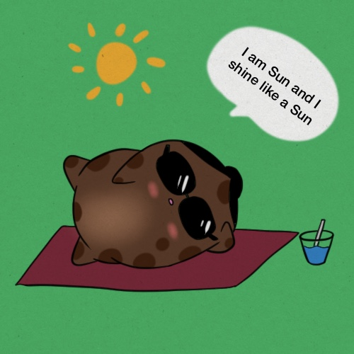 A cute cartoon illustration of a round, brown, potato-like creature lying on a red mat under a drawn sun, with a speech bubble reading 'I am Sun and I shine like a Sun' and a blue drink beside it.