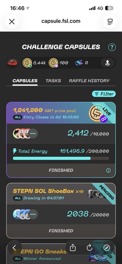 Mobile screenshot from capsule.fsl.com showing 'Challenge Capsules' with a 1,241,200 GMT prize pool (2,412/10,000 entries, FINISHED) and a STEPN SOL ShoeBox x10 raffle (2,038/20,000 entries, FINISHED, drawing pending).