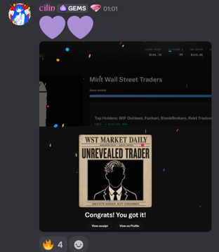 A Discord screenshot showing a user 'cilin' reacting with heart emojis to a 'WST MARKET DAILY' message congratulating them on an 'UNREVEALED TRADER' profile.