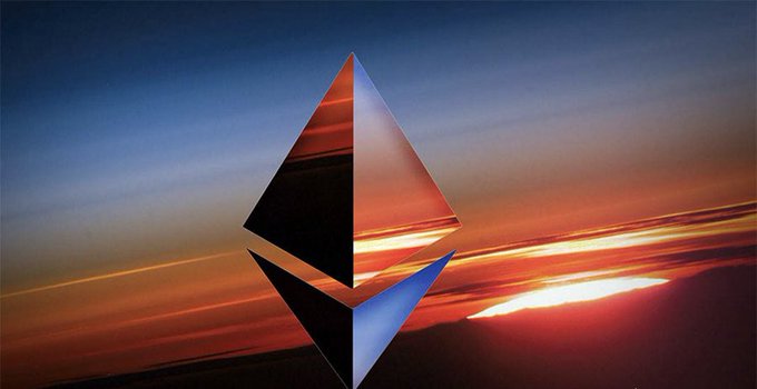 The Ethereum logo (diamond-shaped symbol) set against a dramatic sunset sky with orange and blue hues.