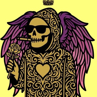 A stylized pop-art illustration of a skeletal grim reaper with purple and pink wings, wearing sunglasses and holding a rose and a cigarette, with gold heart and swirl patterns on its cloak, topped by a crown and set against a bright yellow background.