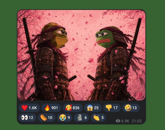 Two Pepe the Frog warriors in samurai armor stand back-to-back beneath falling pink cherry blossoms, reflecting the post's speculation about whether $PEPE's first Telegram post in years signals an upcoming announcement or just idle noise. Engagement metrics visible include 1.6K likes, 901 fires, 836 heart-eyes, 25 shocked, 17 thumbs down, 13 laughing, 12 eyes, 10 claps, 9 crying, 6 speech bubbles, 5 clapping hands, with 6.9K views at 21:03.