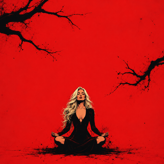 A blonde woman in a black dress sits in a meditative lotus pose against a striking blood-red background with dark, jagged tree branches, embodying a fierce sense of zen through powerful stillness and intensity.