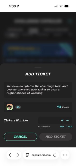 The image shows a phone screen with an app that displays a message about adding a ticket number for a challenge. The text on the screen reads "Add Ticket" followed by "You have completed the challenges task, and you can increase your chances of winning a higher chance of winning". The app also provides instructions to add a ticket number and a link to the challenge page.