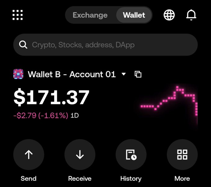 A screenshot of an OKX wallet interface showing "Wallet B - Account 01" with a balance of $171.37, down $2.79 (-1.61%) over 1D, with a pink downward-trending chart graph. The image directly supports the post's mention of seeing $171 in their OKX wallet, though the user expresses disappointment ("don stew already") and humorously threatens to shut down a club due to the small balance.
