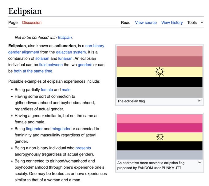 A Wikipedia-style page defining 'Eclipsian' (also known as sollunarian) as a non-binary gender alignment from the galactian system, accompanied by the eclipsian flag.