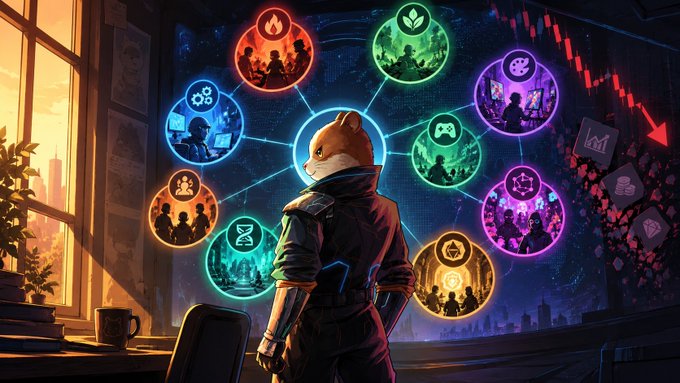 An illustration of an anthropomorphic hamster-like character viewed from behind, looking at a glowing digital wall displaying a network of circular icons representing various communities, with a red downward chart trend visible on the right.