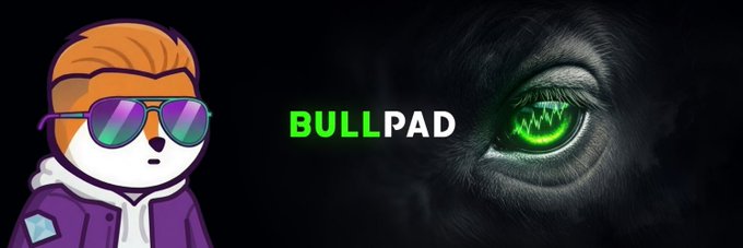 A banner shows the 'BULLPAD' logo in green text between a cartoon mascot wearing sunglasses and a gorilla's eye displaying a green candlestick chart pattern.
