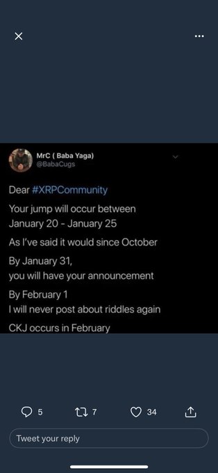 A tweet from MrC (@BabaCuga) titled "Baba Yaga" addressed to #XRPCommunity, predicting a "jump" between January 20-25 with an announcement by January 31, and noting CKJ occurs in February. The post connects this to claims that "January equals August," suggesting the jump actually occurs in August 20-25, with CKJ referring to China, South Korea, and Japan facing a liquidity crisis.