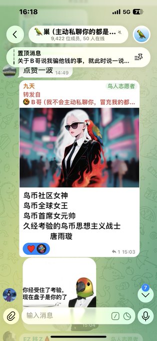 The image shows a WeChat conversation featuring a profile of a character named "九禾" (Jiuhe), labeled as "鸟人志愿者" (Birdman Volunteer), who posts a stylized photo of a figure with white hair and sunglasses surrounded by flames. Below the image, text proclaims "B哥亲自册封的" (personally conferred by Brother B), listing titles like "鸟币社区女神" (Bird Coin Community Goddess), "鸟币全球女王" (Bird Coin Global Queen), "鸟币首席女元帅" (Bird Coin Chief Female Marshal), and "久经考验的鸟市思主义战士 唐雨萱" (battle-tested Bird Market ideological warrior Tang Yuxuan), with a caption "点赞一波" (like wave). This directly visualizes the post's satirical commentary about "Brother B" bestowing honorary titles upon a meme figure, mocking cult-like personality worship within the Bird Coin community.