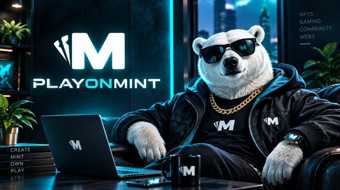 A digital promotional image featuring a polar bear wearing sunglasses and a black jacket with gold chains, sitting at a desk with a laptop; the branding reads 'PLAYONMINT' with the text 'CREATE MINT OWN PLAY' and 'NFTS GAMING COMMUNITY WEB3' visible.