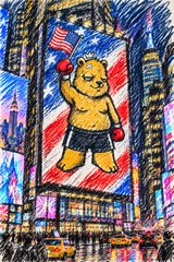 A colorful, stylized illustration of a yellow bear character wearing red boxing gloves and shorts, standing in a triumphant pose against a cityscape background with American flags and bright billboards.