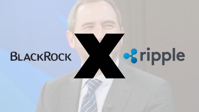 The image shows a man in a suit with a large black "X" over his face, flanked by the "BlackRock" logo on the left and the "ripple" logo on the right, visually depicting the claim that BlackRock is allegedly purchasing $9 trillion in XRP.