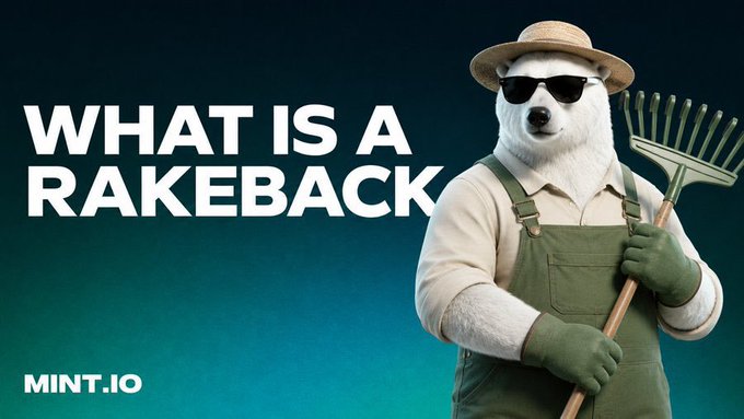 A MINT.io educational graphic asking 'WHAT IS A RAKEBACK' featuring a white polar bear dressed as a gardener with a straw hat, overalls, and holding a rake.