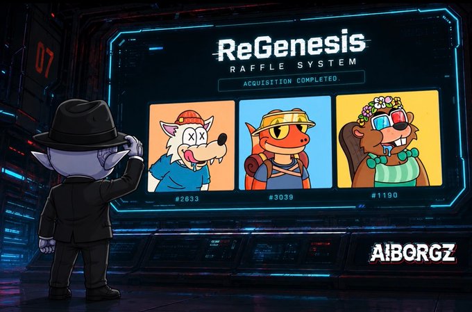 A suited figure in a fedora tips his hat toward a glowing "ReGenesis RAFFLE SYSTEM" screen displaying three acquired Nibble NFT characters (#2633, #3039, #1190) with "ACQUISITION COMPLETED" displayed, visually celebrating AIBORGZ's latest vault addition from the @frankythefrog collection.