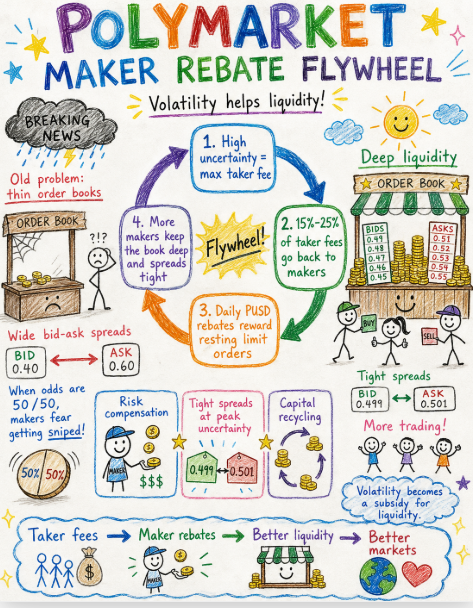 A colorful hand-drawn infographic titled 'POLYMARKET MAKER REBATE FLYWHEEL,' explaining how volatility helps liquidity through a cycle of taker fees and maker rebates.