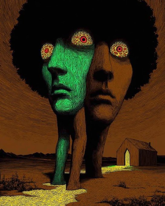 A surreal illustration of a large two-faced head (one side green) with multiple eyes standing on legs in a barren landscape next to a small glowing hut.