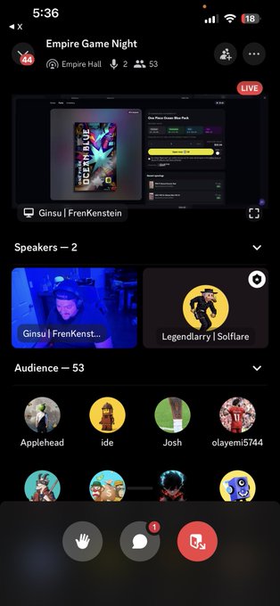 A mobile screenshot of an 'Empire Game Night' live stream in the Empire Hall showing 53 audience members and speakers 'Ginsu | FrenKenstein' and 'Legendiarry | Solflare', with a featured 'Ginsu Frenkenstein' NFT.