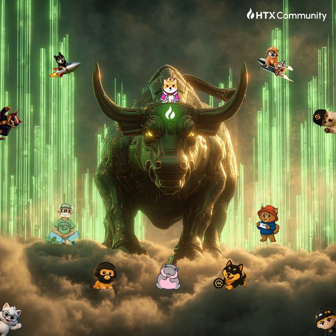 A digital artwork showing a large metallic bull with the HTX Community logo, surrounded by various cartoon animal characters against a green technological background.