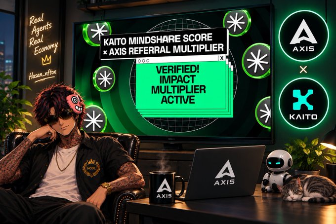 An illustrated scene featuring a tattooed character with a pink mask next to a laptop with the AXIS logo, with a screen displaying 'KAITO MINDSHARE SCORE' and 'VERIFIED! IMPACT MULTIPLIER ACTIVE'.