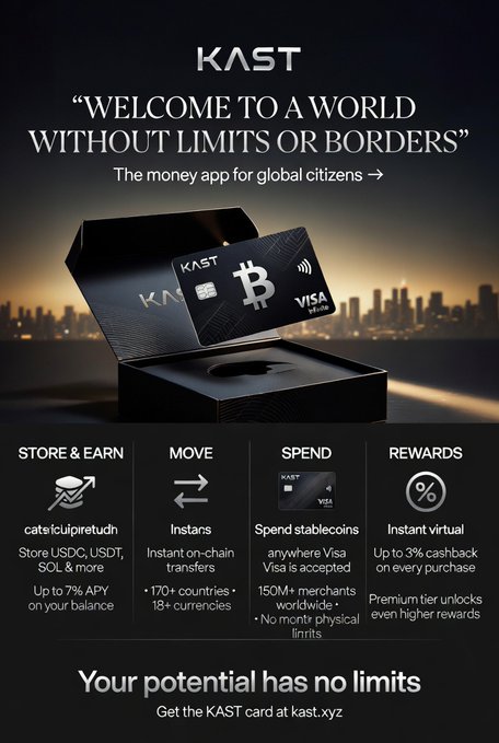 The image features a black box containing a Bitcoin card, which is displayed prominently against a dark background. The text on the card promotes the use of Bitcoins as a form of payment for rewards and benefits, encouraging users to share their cards with others to earn more money. The post also mentions that the card can be used at KAST, suggesting that it may be associated with a specific platform or service.