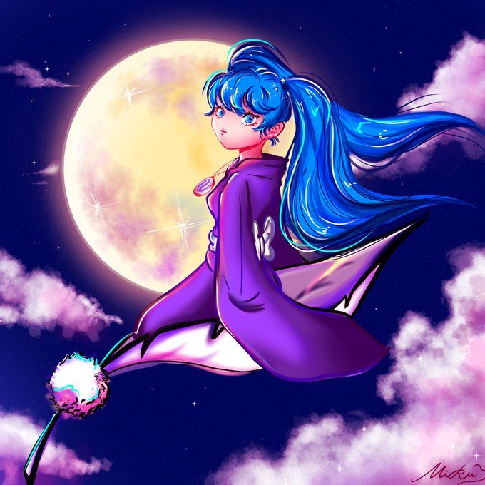 An anime-style illustration of a blue-haired girl in a purple robe riding a broomstick across a large moonlit sky with pink clouds, signed 'Macku'.