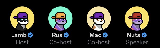 Four pixel art character avatars labeled 'Lamb' (Host), 'Rus' (Co-host), 'Mac' (Co-host), and 'Nuts' (Speaker), each with a verified blue checkmark.