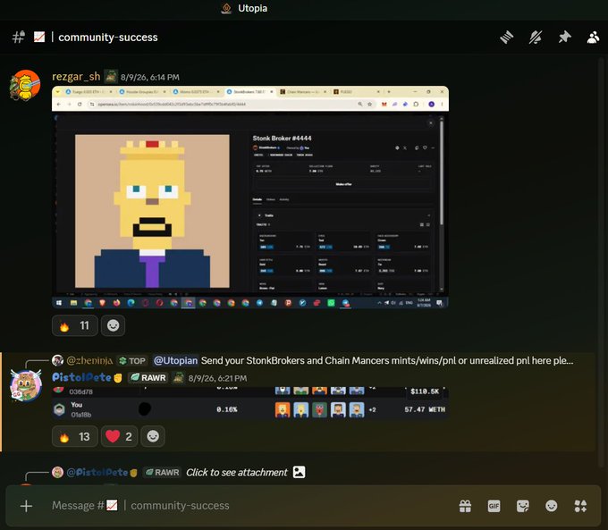 Discord screenshot from the Utopia server's community-success channel showing users rezgar_sh and PistolPete sharing crypto/NFT portfolio screenshots including 'Stonk Broker #4444' and RAWR collection holdings.