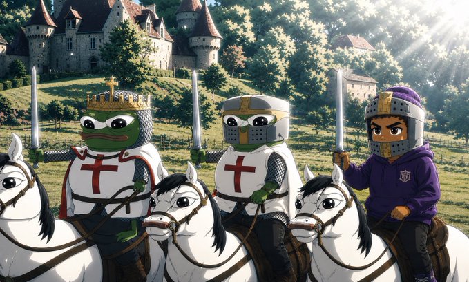 An AI-generated illustration of three frog-like knights on horseback in front of a medieval castle, with one wearing a purple hoodie and the other two wearing crowns and chainmail armor.