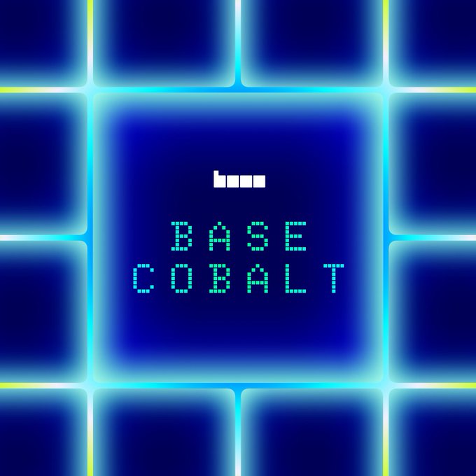 A digital graphic features glowing blue grid tiles with pixelated cyan text reading "BASE COBALT" in the center.