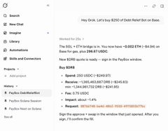 A screenshot of a Grok AI chat interface analyzing a PayBox crypto payment, showing real-time conversion details including the $190 USD amount, 0.0224 ETH = $4.94 at the current rate, and the explicit request to "send to the PayBox window" with an impact of 1.4%, demonstrating the AI breaking down the transaction terms before approval.