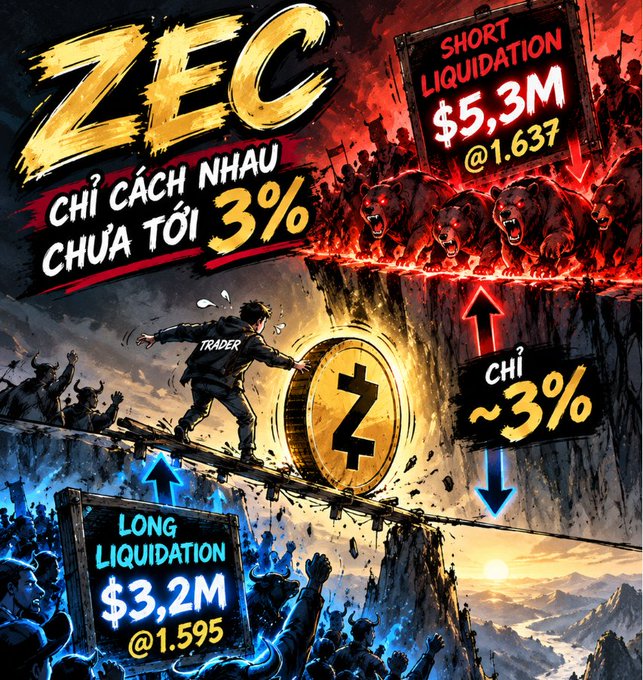 A stylized graphic depicting ZEC crypto market dynamics, showing a trader balancing on a ledge above a coin with a "Z" logo, flanked by red bearish figures highlighting "$5.3M SHORT LIQUIDATION @1.637" and blue bullish figures showing "$3.2M LONG LIQUIDATION @1.595," with bold text emphasizing "CHỈ CÁCH NHAU CHƯA TỚI 3%" (less than 3% apart), visually reinforcing the post's alert about ZEC's tight liquidation zones and high open interest.