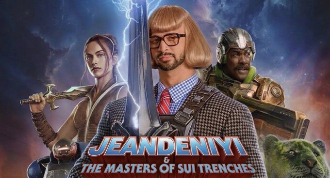 A parody movie poster titled 'JEANDENIYI & THE MASTERS OF SUI TRENCHES' featuring a person with a bowl haircut and glasses in the center, flanked by fantasy/sci-fi characters.