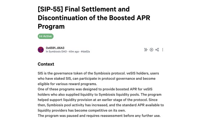 The image shows a screenshot of an article titled "SIP-55: Final Settlement And Discontinuation Of The Boosted APR Program". In this text, there are several details about SIP-55 and the associated program, including that it's a final settlement and has been discounted to boostrap. Additionally, the text provides context about how these settlements have already been distributed to users of the Symposium Dacorum Active Listener (SISL).