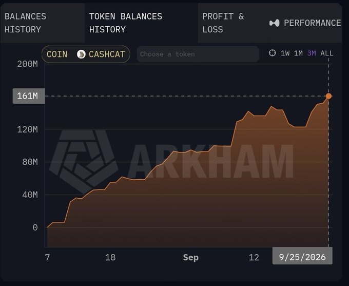 The image shows a token balance performance chart for $CASHCAT (COIN: CASHCAT) on the Arkham platform, displaying a steady upward trend from near zero in early September to a peak of 161M on 9/25/2026. This dramatic growth visually reinforces the post's claim that "$CASHCAT" is "the most obvious play of the cycle," with the orange area chart clearly illustrating substantial accumulation and value appreciation over the three-month period.