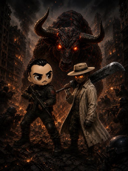 A stylized chibi-style male character holding a rifle and a trench-coated figure with glowing eyes wielding a baseball bat stand defiantly in a burning, apocalyptic cityscape, facing a massive demonic bull with horns. The imagery evokes themes of impending chaos and being battle-ready, aligning with the post's warning about an unexpected "BLACKBULLRUN" market move referencing "$ANSEM."
