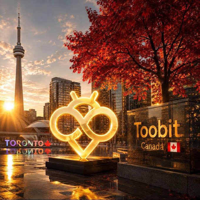 A Toronto skyline at sunset with the CN Tower, overlaid with a glowing "Toobit Canada" logo and a red maple leaf tree.