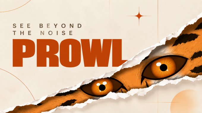 A graphic design with the text 'SEE BEYOND THE NOISE' and 'PROWL' in large orange letters, featuring a torn paper effect that reveals leopard eyes peering through.