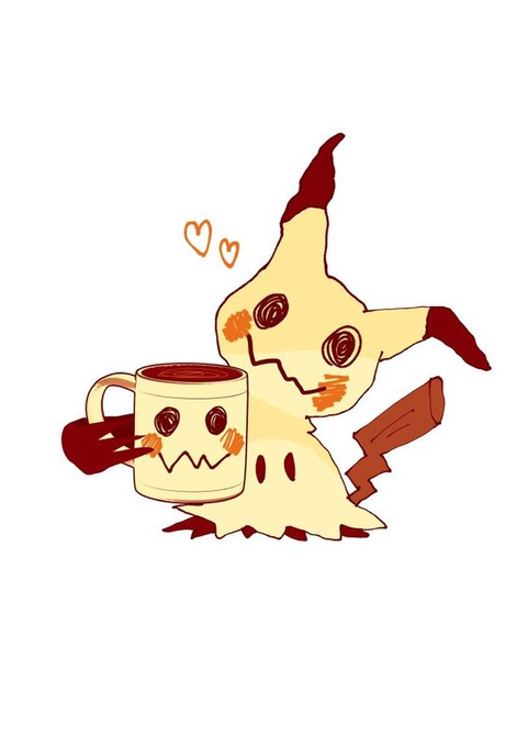 Illustration of Mimikyu (a Pokémon) holding a coffee mug character with hearts floating nearby, drawn in a cute art style.
