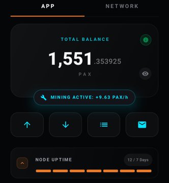 A screenshot of a cryptocurrency wallet app showing a total balance of 1,551.353925 PAX, with 'MINING ACTIVE: +9.63 PAX/h' and a node uptime of 12/7 Days.