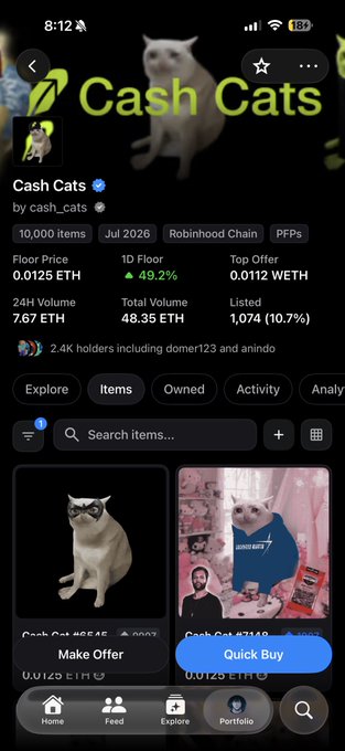 A screenshot of the "Cash Cats" NFT collection on OpenSea, showing 10,000 items on the Robinhood Chain with a floor price of 0.0125 ETH and 2.4K holders. The verification caption "Collection verified Let's go" aligns with the image showcasing the officially verified Cash Cats NFT profile.